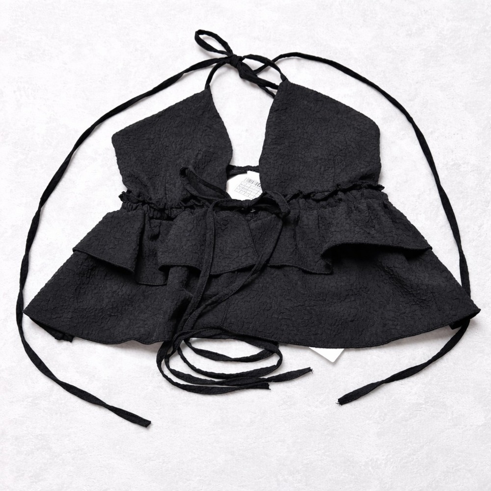 OW Black Ruffle Halter Crop Top Womens XS NWT Tiered